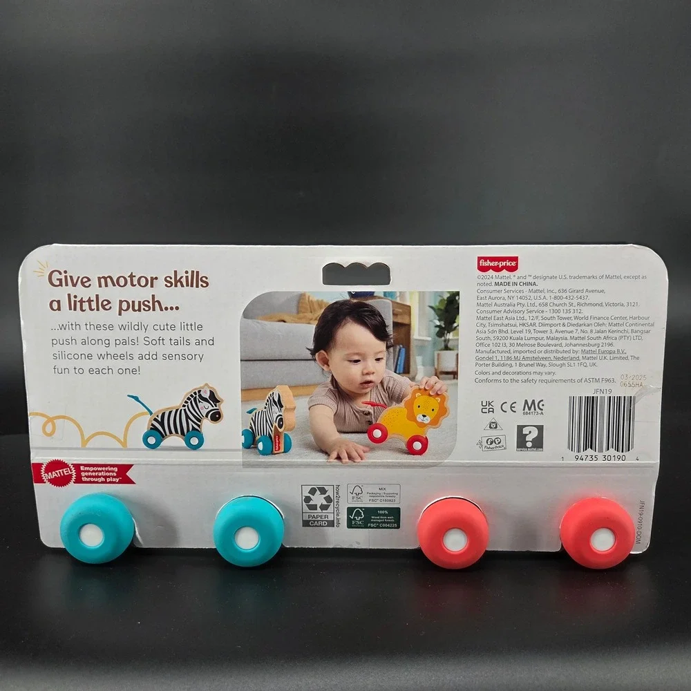 Fisher-Price Wooden Push-Along Animals Lion Zebra JFN19 Wood Baby Toy Set 6M+